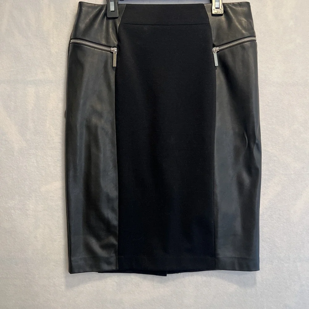 Michael Kors Black Stretch Pencil Skirt Faux Leather‎ Panel Size 8 Womens